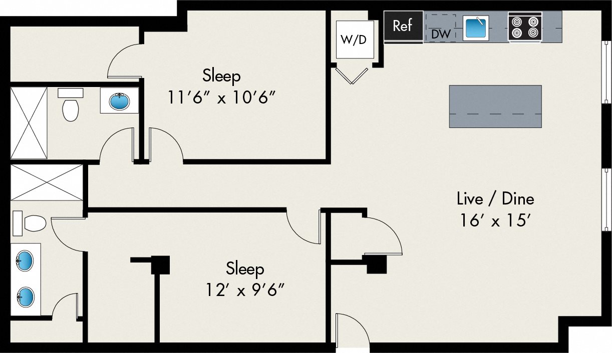 2 Bed 2 Bath Floor plan 2 Bed 2 Bath Floor plan at The Lofts at Gin Alley Apartments, Chicago, 60607